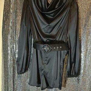 A long sleeve satin size medium shorts, romper with belt jet black